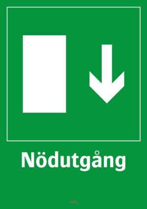 Nödskylt med pilsymbol för riktning på nödutgång och texten "Nödutgång".