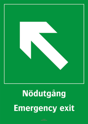 Nödskylt med pilsymbol för riktning på nödutgång och texten "Nödutgång Emergency exit"