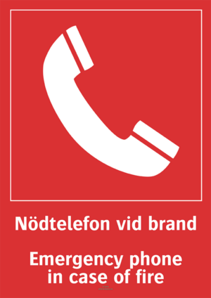 Brandskylt med symbol för nödtelefon och texten "Nödtelefon vid brand" samt på engelska "Emergency telephone in case of fire".