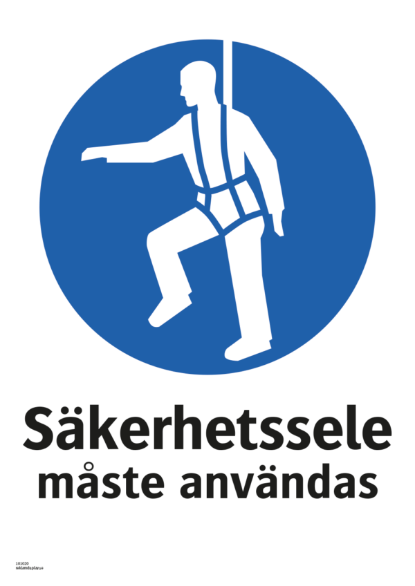 Påbudsskylt med symbol för säkerhetssele och texten "Säkerhetssele måste användas"