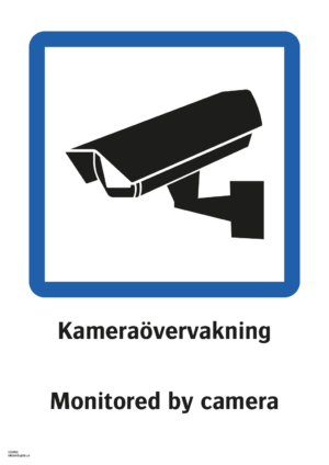 Påbudsskylt med symbol för kameraövervakning och texten "Kameraövervakning" samt engelsk text "Monitored by camera".