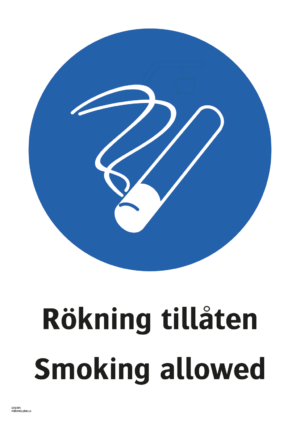 Påbudsskylt med symbol för rökning tillåten och texten "Rökning tillåten" samt engelsk text "Smoking allowed".