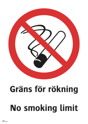 Förbudsskylt med symbol för rökning förbjuden och texten "Gräns för rökning" samt på engelska "No smoking limit".