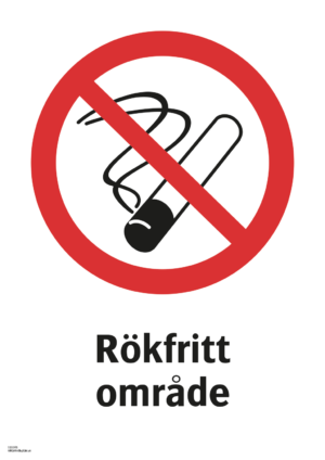 Förbudsskylt med symbol för rökning förbjuden och texten "Rökfritt område"