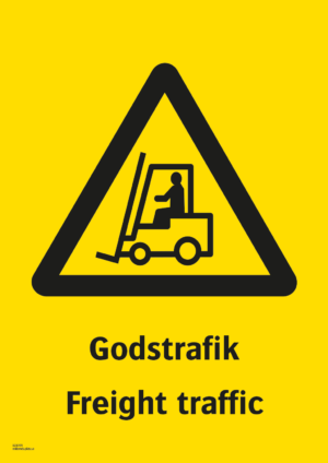 Varningsskylt med symbol för varning för godstrafik och texten "Godstrafik" samt på engelska "Freight traffic"