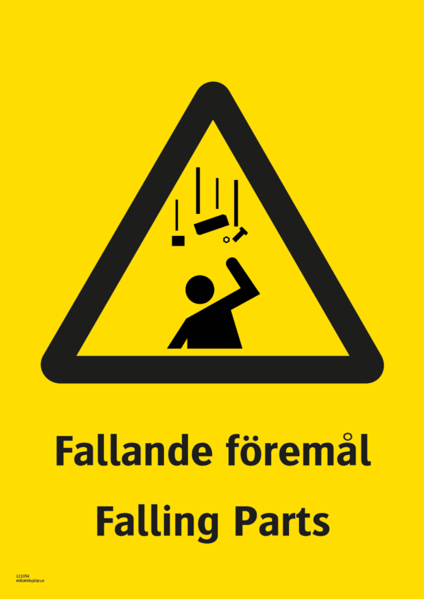 Varningsskylt med symbol för varning för fallande föremål och texten "Fallande föremål" samt på engelska "Falling Parts".