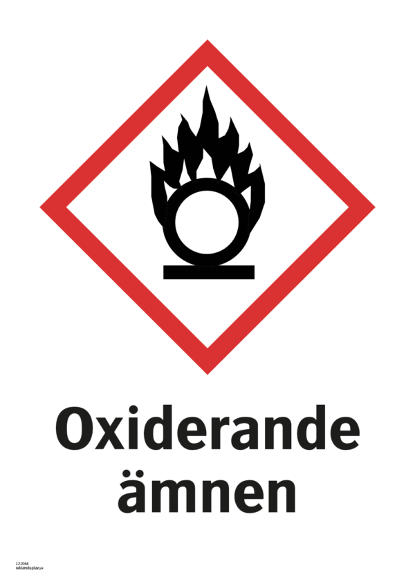 Varningsskylt med symbol för varning för oxiderande ämnen och texten "Oxiderande ämnen".