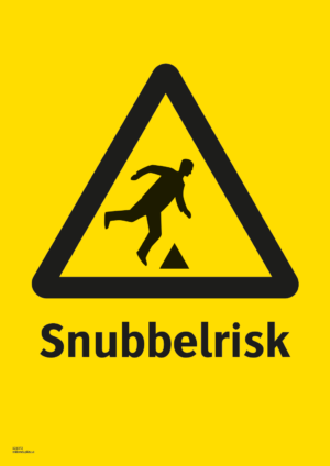 Varningsskylt med symbol för varning för snubbelrisk och texten "Snubbelrisk".