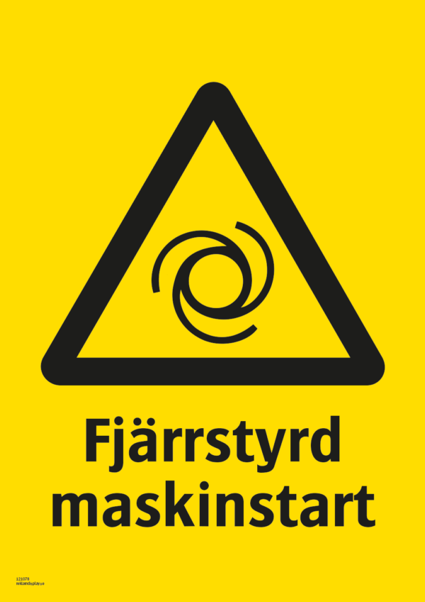 Varningsskylt med symbol för varning för robotautomation och texten "Fjärrstyrd maskinstart".