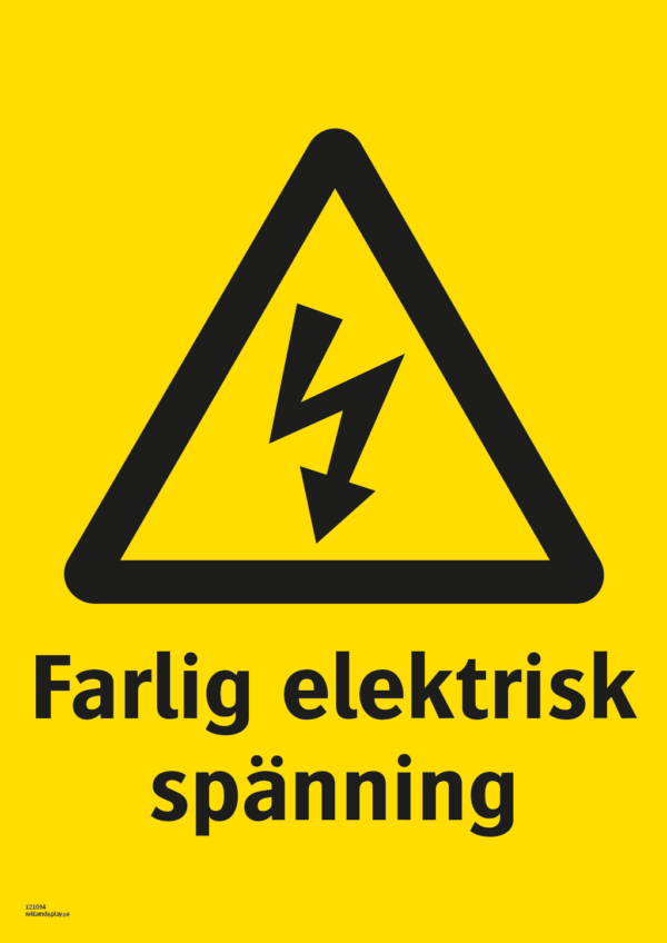 Varningsskylt med symbol för varning för farlig elektrisk spänning och texten "Farlig elektrisk spänning".