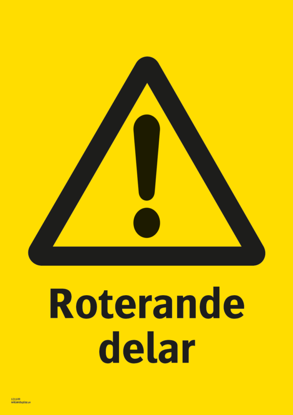Varningsskylt med symbol för varning för fara och texten "Roterande delar".