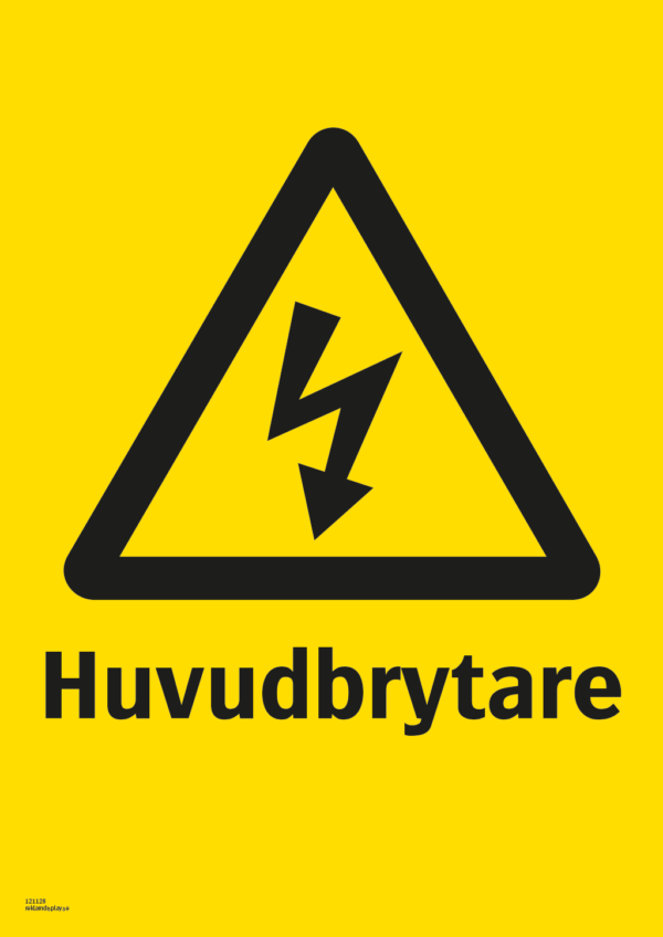 Varningsskylt med symbol för varning för farlig elektrisk spänning och texten "Huvudbrytare".