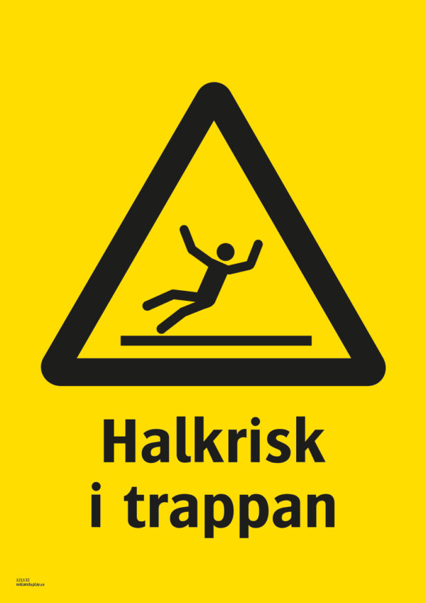 Varningsskylt med symbol för varning för halkrisk och texten "Halkrisk i trappan".