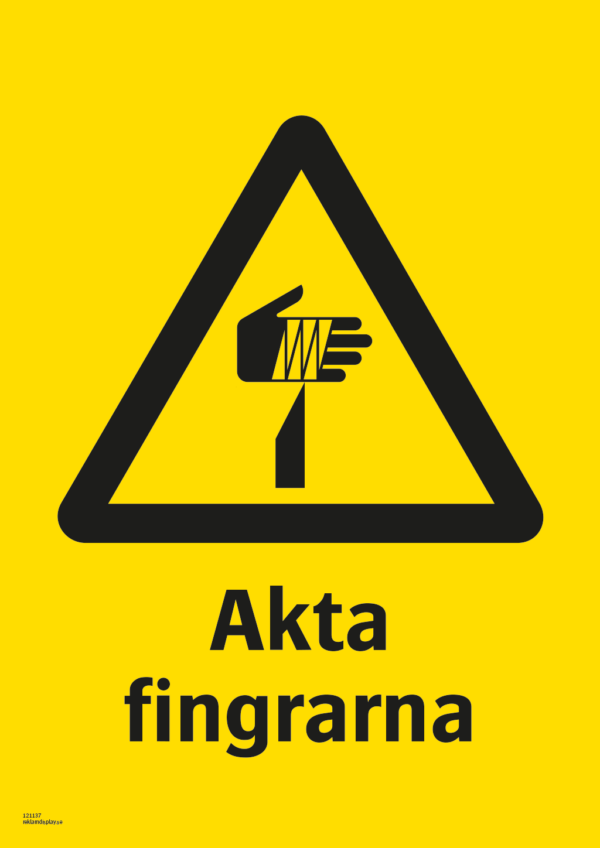 Varningsskylt med symbol för varning för vasst föremål och texten "Akta fingrarna".
