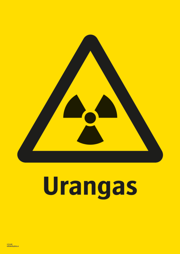Varningsskylt med symbol för varning för radioaktiva ämnen och texten "Urangas".
