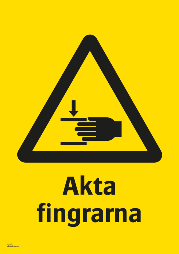 Varningsskylt med symbol för varning för klämrisk och texten "Akta fingrarna".