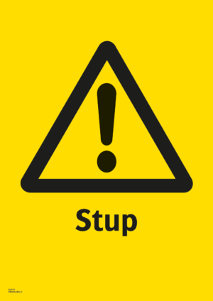 Varningsskylt med symbol för varning för fara och texten "Stup".