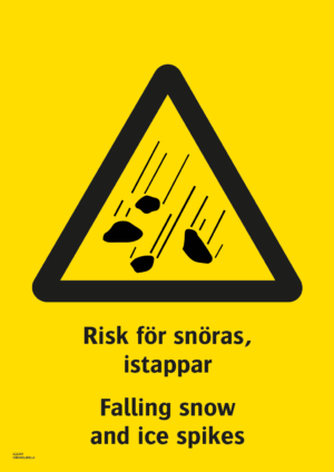 Varningsskylt med symbol för varning för snöras och texten "Risk för snöras, istappar" samt på engelska "Falling snow and ice spikes".