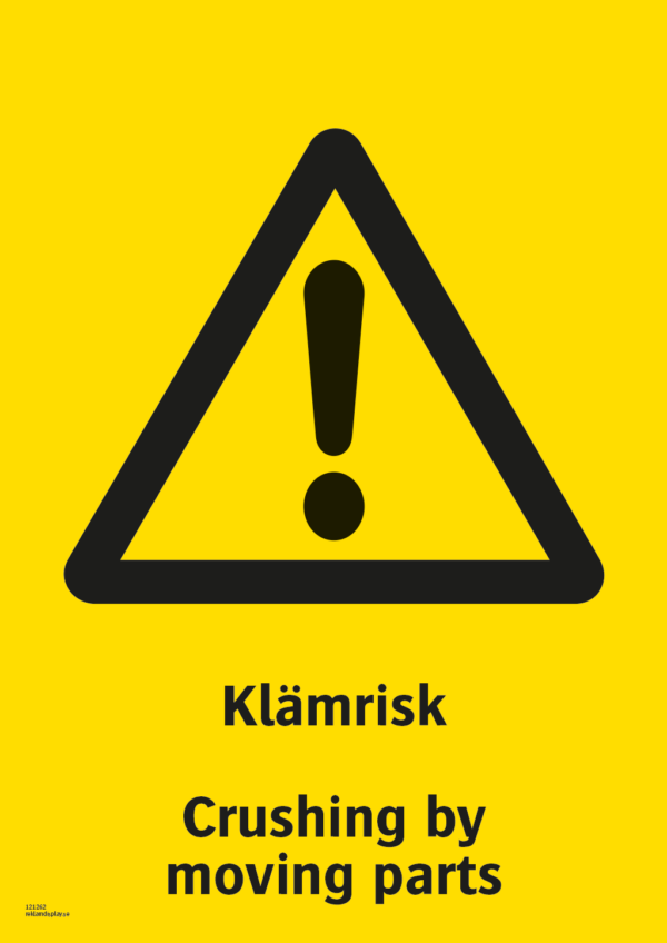Varningsskylt med symbol för varning för fara och texten "Klämrisk" samt på engelska "Crushing by moving parts".