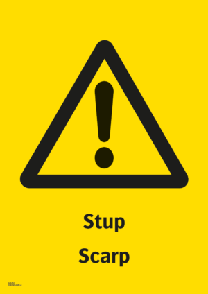 Varningsskylt med symbol för varning för fara och texten "Stup" samt på engelska "Scarp".