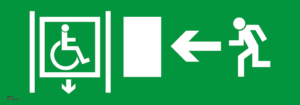 Nödskylt med pilsymbol för riktning på nödutgång och texten "Nödutgång". Emergency exit