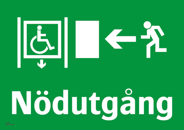 Nödskylt med pilsymbol för riktning på nödutgång och texten "Nödutgång". Emergency exit