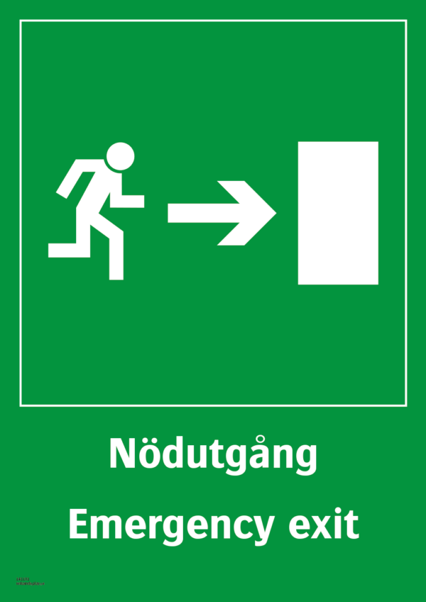 Nödskylt med pilsymbol för riktning på nödutgång och texten "Nödutgång". Emergency exit