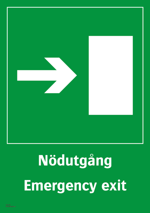 Nödskylt med pilsymbol för riktning på nödutgång och texten "Nödutgång". Emergency exit