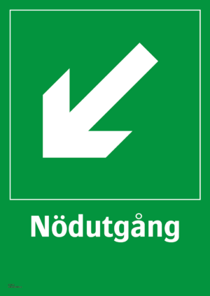 Nödskylt med pilsymbol för riktning på nödutgång och texten "Nödutgång". Emergency exit