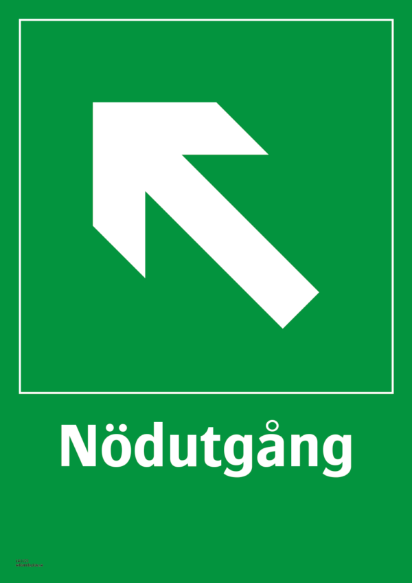 Nödskylt med pilsymbol för riktning på nödutgång och texten "Nödutgång".