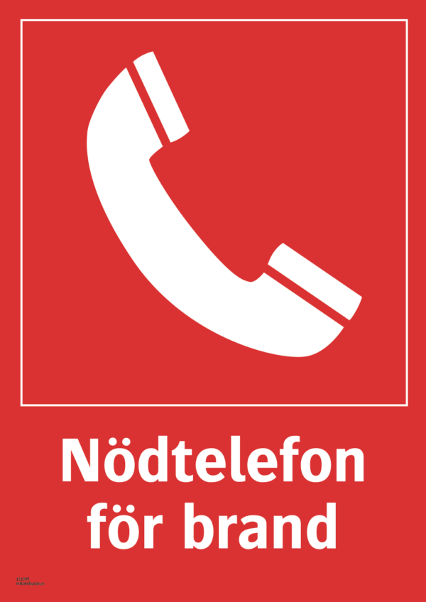 Brandskylt med symbol för nödtelefon och texten "Nödtelefon för brand"