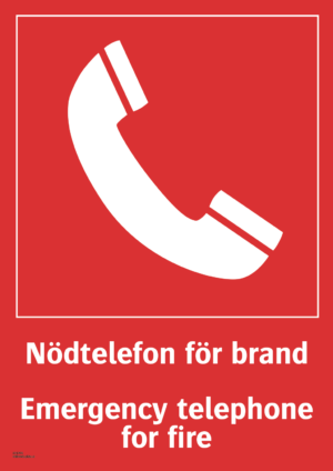 Brandskylt med symbol för nödtelefon och texten "Nödtelefon för brand" samt på engelska "Emergency telephone for fire".