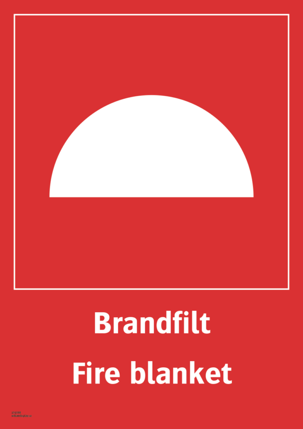 Brandskylt med symbol för brandpost och texten "Brandfilt" samt på engelska "Fire blanket".