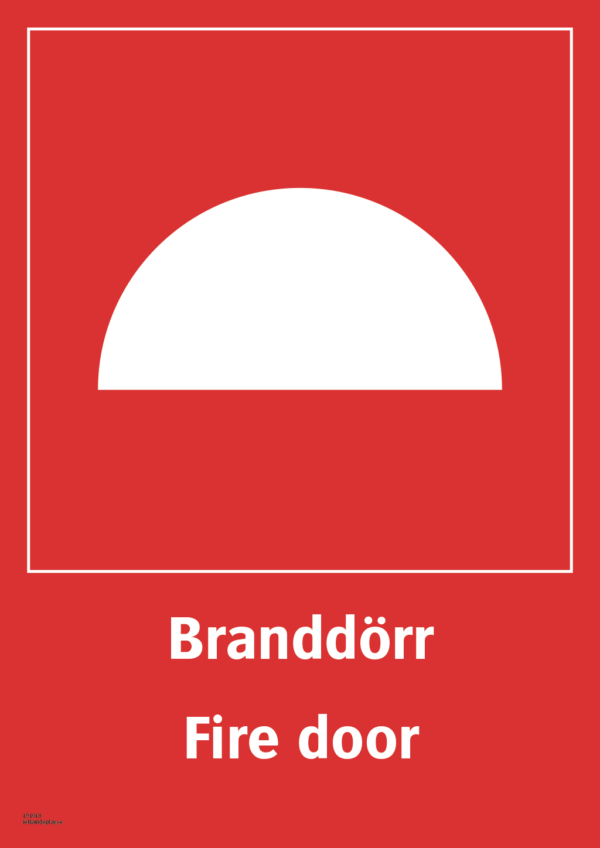 Brandskylt med symbol för brandpost och texten "Branddörr" samt på engelska "Fire door".