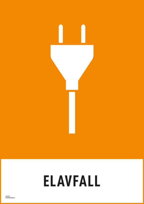 Återvinningsskylt med symbol för elavfall och texten "elavfall".
