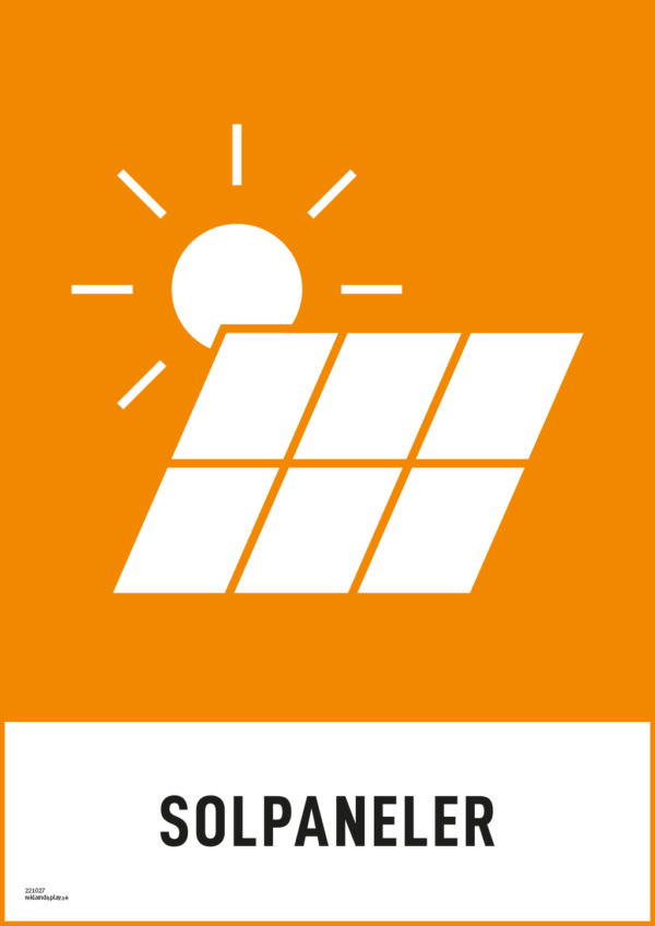 Återvinningsskylt med symbol för elavfall - solceller och texten "solceller".