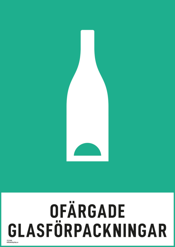 Återvinningsskylt med symbol för glasförpackningar - ofärgade och texten "ofärgade glasförpackningar".