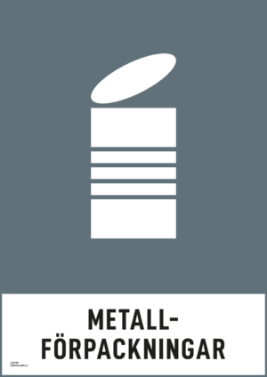 Återvinningsskylt med symbol för metall - metallförpackningar och texten "metallförpackningar".