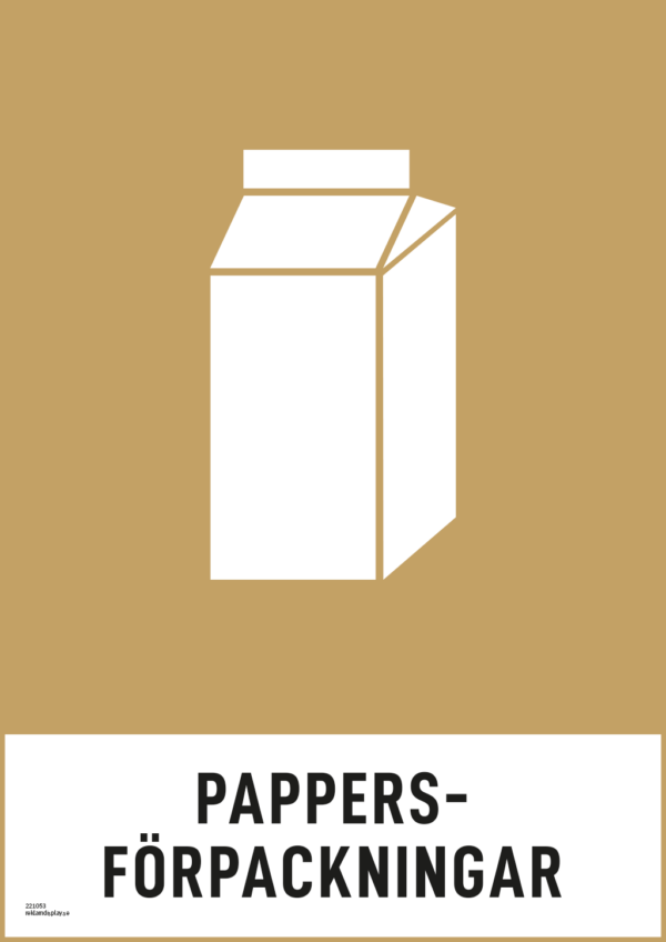 Återvinningsskylt med symbol för wellpapp - pappersförpackningar och texten "pappersförpackningar".