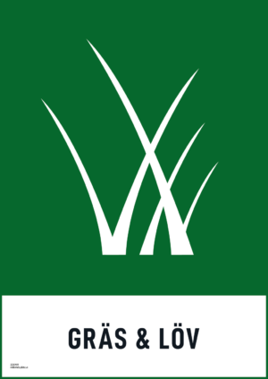 Återvinningsskylt med symbol för gräs & löv och texten "gräs & löv".