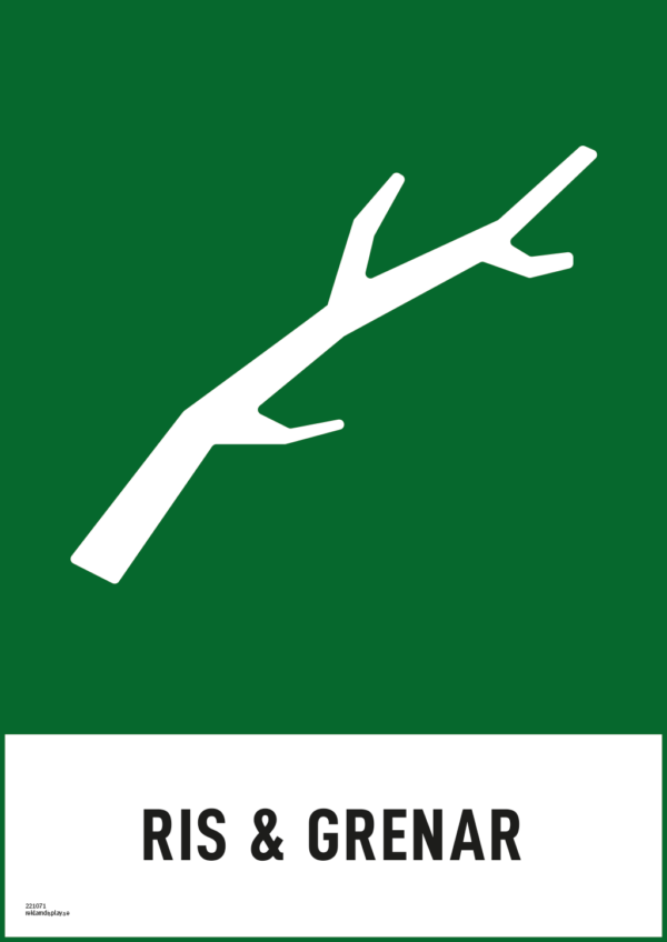 Återvinningsskylt med symbol för grenar och texten "grenar".