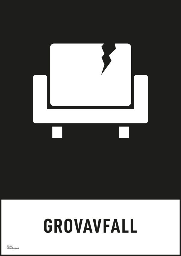 Återvinningsskylt med symbol för grovavfall och texten "grovavfall".