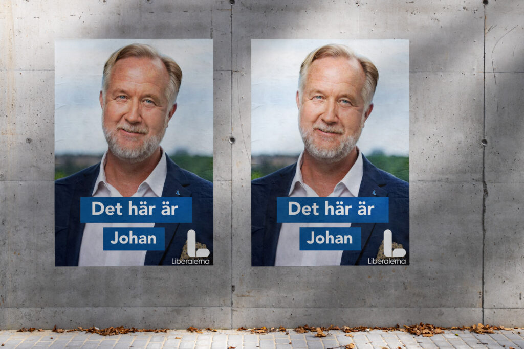 printad affisch med liberalernas partiledare Johan Persson